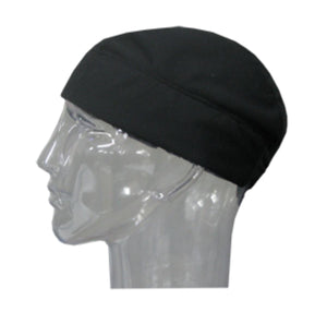 Black evaporative cooling beanie by HyperKewl, shown in a side view on a clear mannequin head.