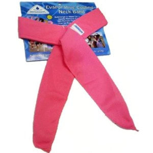 Pink evaporative cooling neck band by HyperKewl, folded in an X-shape over its blue product box.