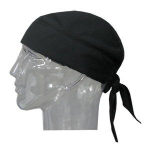 Black evaporative cooling skull cap by HyperKewl, tied at the back, side view on a clear mannequin.