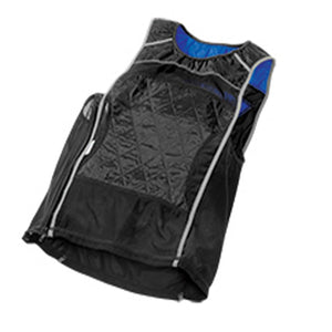Black evaporative cooling tank top by HyperKewl, featuring a quilted diamond pattern, blue interior lining, and silver reflective trim.