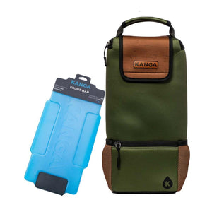 Green and brown cooler bag by Kanga, with a faux leather flap, zippered pocket, and a blue Kanga Frost Bar ice pack.