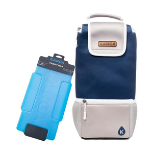 A dark blue and grey insulated cooler bag by Kanga Coolers, with a small top handle and a blue frost bar ice pack beside it.
