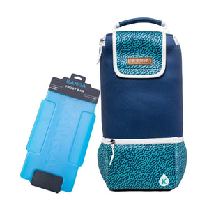 Blue soft-sided cooler bag by Kanga Coolers with teal patterned top and bottom, and a light blue ice pack.