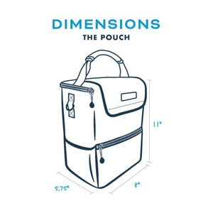 Two-compartment 6/12-Pack Pouch by Kanga Coolers, an outline drawing with a top handle, zippers, and labeled dimensions of 11, 8, and 5.75 inches.