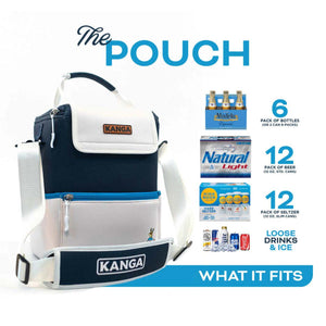 A dark blue and light beige pouch cooler by Kanga Coolers with white straps, two Kanga logos, and visual details on its beverage capacity.
