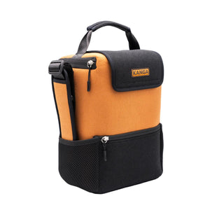 Brown and black 6/12-pack pouch by Kanga Coolers with top handle, adjustable strap, zippered compartments, and mesh side pocket.