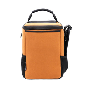 Brown 6/12-pack pouch by Kanga Coolers with black trim, top handle, and mesh side pockets.