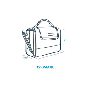 Light-colored 12-Pack cooler bag by Kanga Coolers, in an angled view showing a handle, front flap, and dimensions.