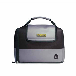 Black and gray soft-sided cooler bag by Kanga Coolers, with a gray top handle, a side zipper, a gold 'KANGA' label, and a red 'K' logo.