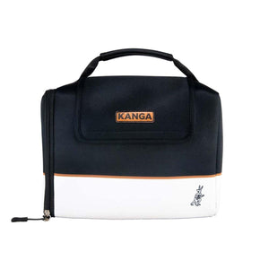 Black and white cooler by Kanga Coolers with a brown stripe, KANGA text on an orange patch, and a kangaroo logo.