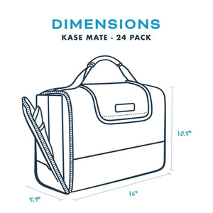 24-pack Kase Mate cooler bag by Kanga Coolers, line drawing showing its handle, front flap, and dimensions of 10.5, 16, and 5.9 inches.