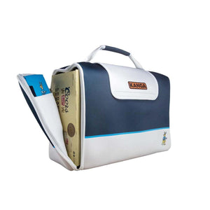White and navy 24 pack cooler by Kanga Coolers, partially open, revealing a beer box, a blue koozie, and Kanga branding.