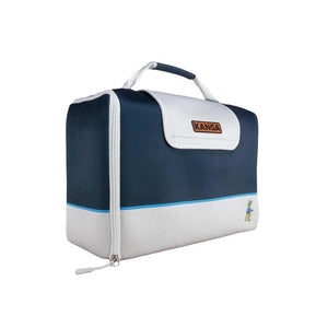 A white and navy cooler bag by Kanga Coolers, with a 'KANGA' label, top handle, zipper, and kangaroo logo.