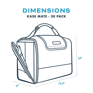Dimensions diagram of a Kase Mate 30 pack cooler by Kanga Coolers, featuring a top handle and an open zippered side pocket.