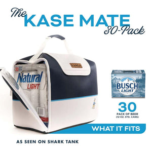 White and navy Kase Mate 30-Pack Cooler by Kanga Coolers, shown partially open with a 30-pack of beer.