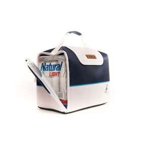 White and navy 30-pack cooler by Kanga Coolers, with a light blue stripe and cartoon bunny logo, partially open revealing beer cans.