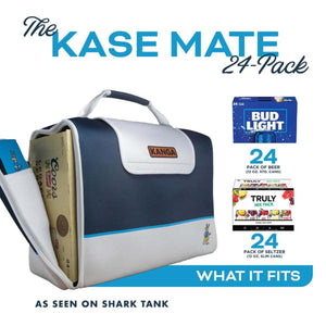 Dark blue and white 24-pack soft cooler by Kanga Coolers, shown open with a beer box inside, with examples of beer and seltzer boxes.