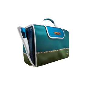 Teal and moss green soft-sided cooler by Kanga Coolers, open with white trim, KIE pattern, and kangaroo logo.
