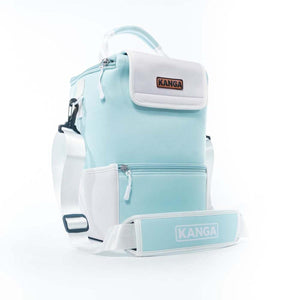 Light blue and white cooler pouch by Kanga Coolers with top handle, shoulder strap, and brand logos.