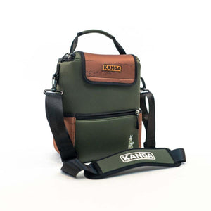 Olive green and brown cooler pouch by Kanga Coolers with top handle and strap, featuring front logos.