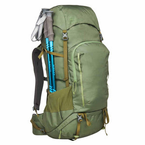Olive green 65L hiking backpack by Kelty with multiple pockets, straps, and blue trekking poles attached to the side.