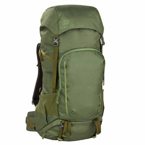 Olive green 65L hiking backpack by Kelty, with various pockets, straps, and 'ASHER 65' text on the side.