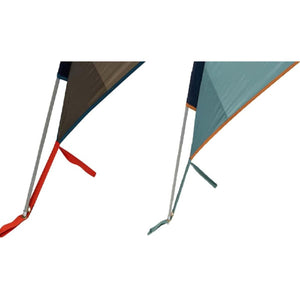 Sunshade with side walls by Kelty, displaying two colorways: brown with red strap and teal with orange trim and green strap.