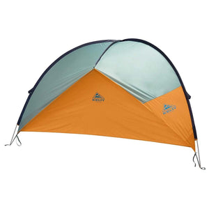 Orange and light blue sunshade with side wall by Kelty, featuring an arched design and two visible logos.