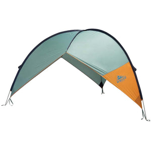 Green and orange sunshade with a side wall by Kelty, an arch-shaped freestanding shelter.