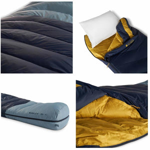 Navy and light blue down sleeping bag by Kelty with mustard yellow lining, featuring 20F/-7C rating and a white pillow.