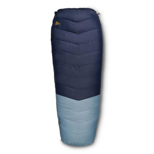 Two-toned blue down sleeping bag by Kelty with chevron baffles and a visible logo.