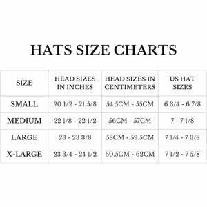 Hat size chart by Kool Breeze showing head measurements from Small to X-Large in inches, centimeters, and US hat sizes.