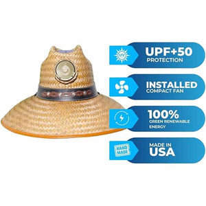 Straw solar fan hat by Kool Breeze with a dark band, featuring a compact fan, UPF+50 protection, green energy, and Made in USA labels.