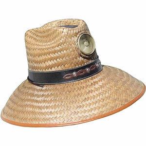 Straw sun hat with solar fan by Kool Breeze, featuring a black decorative band and light brown trim.