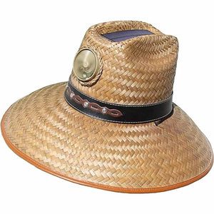 Men's wide-brimmed straw solar fan hat by Kool Breeze, featuring a gold-toned front fan, dark top solar panel, and black leather band with silver-toned studs.