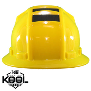 Yellow solar cooling hard hat by Kool Breeze with black top vents and a logo at the bottom.