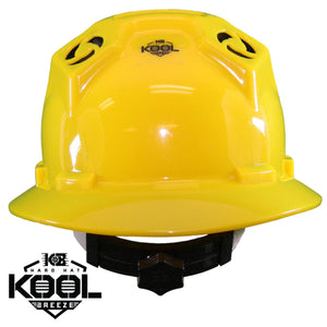 Yellow hard hat by Kool Breeze with front logo, top cooling vents, and black adjustable strap.