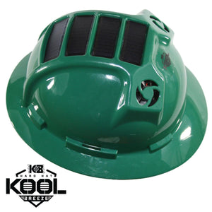 Green solar cooling fan hard hat by Kool Breeze, featuring integrated solar panels on top and a side fan.