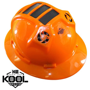Orange solar cooling fan hard hat by Kool Breeze, featuring top mesh vents and a small front fan.