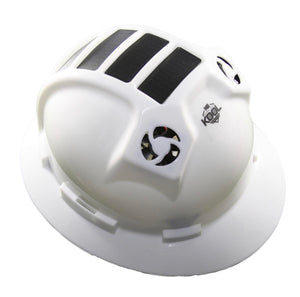 White solar cooling hard hat by Kool Breeze with black solar panels and side fan vents, angled view.