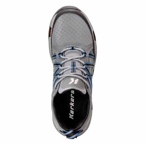 Grey athletic shoes by Korkers with blue and black accents, mesh upper, and 'Korkers' on the insole, from a top-down view.