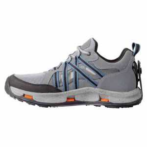 Grey athletic shoes by Korkers with black and blue straps, speckled midsole, and orange sole accents, side view.