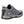 Gray and black athletic shoes by Korkers with blue mesh accents, orange sole details, a speckled gray midsole, and K-logo, side view.