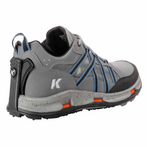 Gray and black athletic shoes by Korkers with blue mesh accents, orange sole details, a speckled gray midsole, and K-logo, side view.