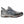 Grey and black athletic shoes by Korkers with blue straps, a speckled midsole, and orange accents, side view.