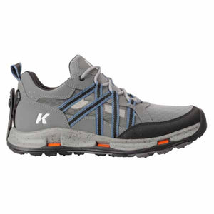 Grey and black athletic shoes by Korkers with blue straps, a speckled midsole, and orange accents, side view.