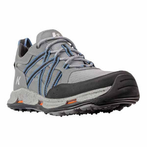 Grey and black athletic shoes by Korkers with blue lacing, a rugged speckled sole, and orange accents, side view.