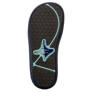 Dark blue and grey flip-flop sole by Korkers, featuring hexagonal tread, light blue accents, and 'Korkers X De YOUNG' and 'KLING ON DECK' text.
