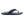 Dark blue flip flop by Korkers featuring a patterned footbed and perforated strap with teal accents, side view.