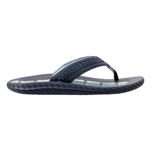 Dark blue flip flop by Korkers featuring a patterned footbed and perforated strap with teal accents, side view.